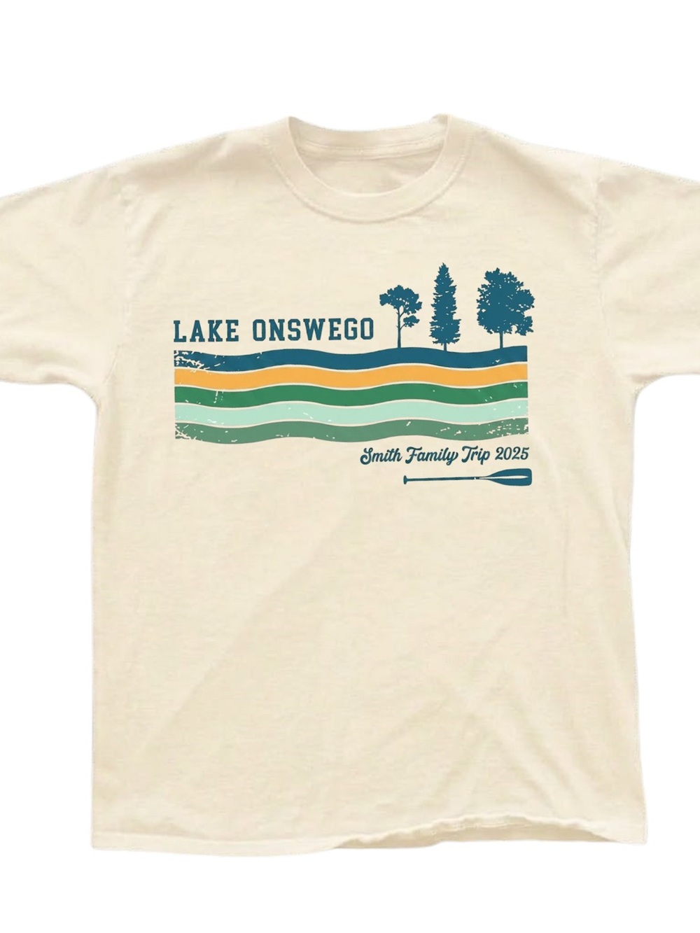 Gildan Cream Lake Onswego Retro Graphic Tee with Teal, Green & Orange Stripes